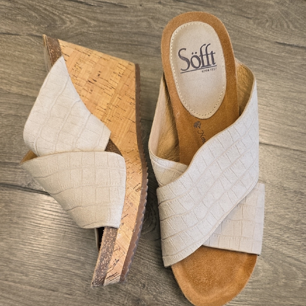 Sofft Cream Wedge Sandals with Crisscross Straps